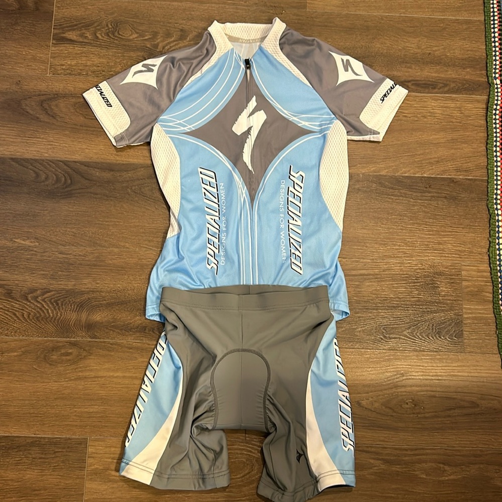 Specialized Blue and Gray Women's Bike Jersey and Shorts / Kit